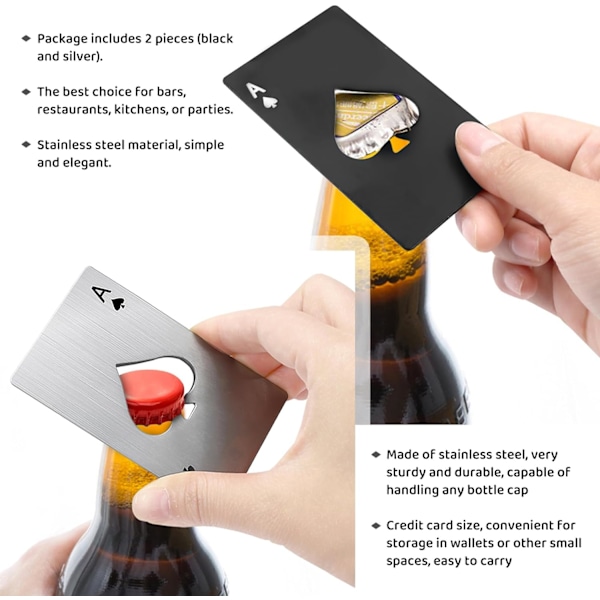 Pokerkort Öppnare i Rostfritt Stål, 2-pack Svart Silver, Bärbar Ess av Spader Kreditkortsstorlek, Lämplig för Bar Bartender Män och Kvinnor