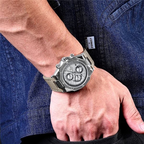 Sport Man Wristwatch Top Brand Luxury Grå Militär Chronograph Äkta Läder Quartz Man Watch Present NA802802 no box