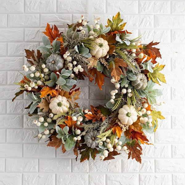Efterårsdørkrans Flettet krans med græskar, bær, kogle og ahornblad til Halloween Thanksgiving 35cm