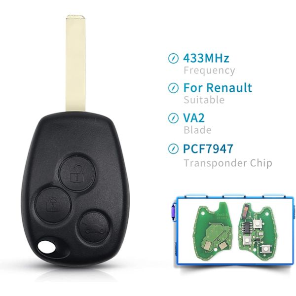 Nøkkel ubeskåret 3 knapper 433 MHz fjernkontroll bilnøkkelkjede for Renault Trafic Vivaro Primastar Movano Dacia PCF7947 Chip