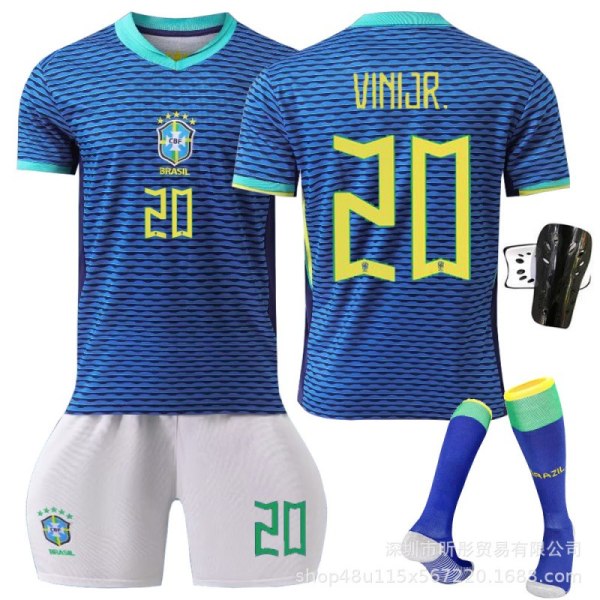 2024 Brasilien bortaställ Neymar Vinicius vuxen barn student träningsdräkt herr- och damlagströja No. 20 + sock guard Size 28 is suitable for heights