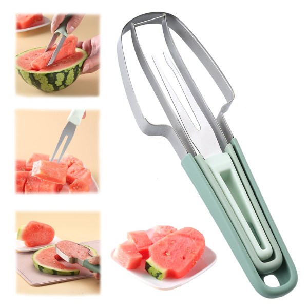 3-i-1 vattenmelon gaffelskärare - isglasskärare i rostfritt stål - bärbar melonskärkniv för campingkök Beige 2pcs