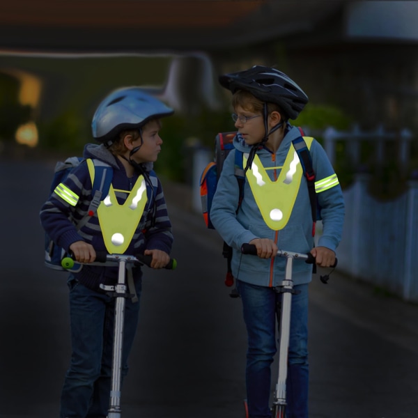 Självlysande säkerhetsväst för barn med 4 reflekterande band - hög synlighet gul V-formad väst för löpning, cykling och nattsäkerhet