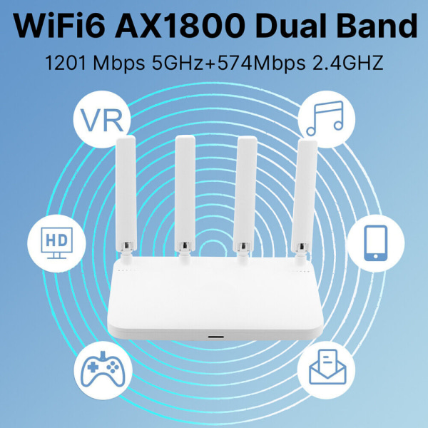 Dual Band Wifi-ruter 2,4G/5Ghz AX1800 Wifi 6 Internett-ruter, 4 eksterne antenner for streaming av musikk, opplasting av bilder EU Plug
