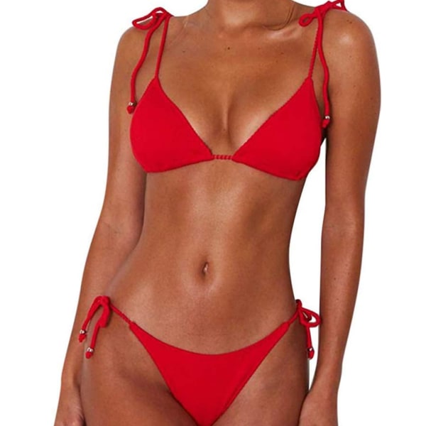 Kvinnors Tie Side Bikini Set High Slit Baddräkt Sommar Tvådelad Bikini Baddräkt L red