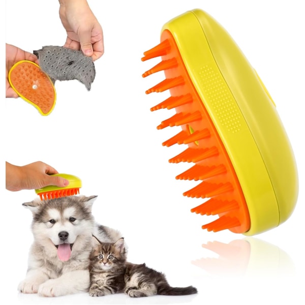 Multifunktionell husdjursborste - 3-i-1 ångande borste för hundar och katter. Självrengörande, perfekt för att trimma, massera och ta bort trassligt hår Yellow