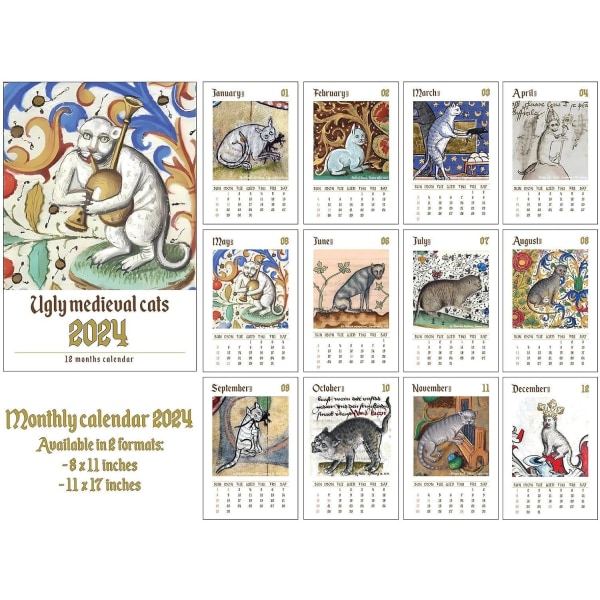 Ugly Medieval Cats Calendar 2024 | Rolig Ugly Owl Väggkalender | Weird Reneissance Cats Dogs Calendar 2024 | Djurväggkalender rolig present B