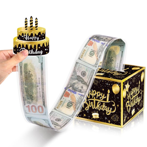 Grattis på födelsedagen Penninglåda - Överraskningspresentförpackning med utdragskort - Svart och guld kontanthållare - DIY- set för kontantpresenter