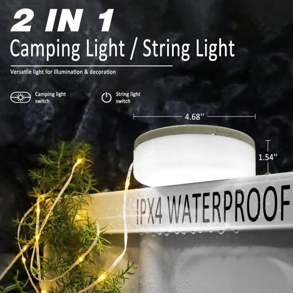 1-Pack Camping String Light m/Lampe, 32,8FT Genopladeligt Vandtæt LED Hængelys til Udendørs Camping Markise Telt Havefest Festival Dekoration RGB color light 7 meters