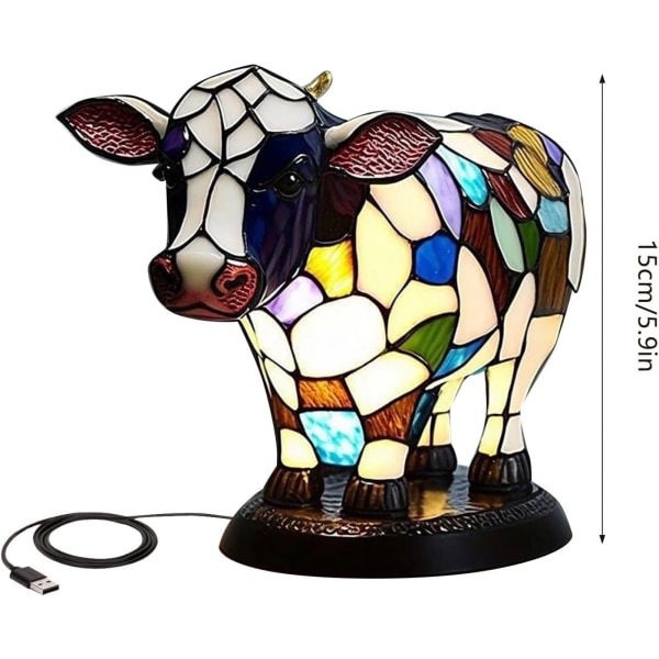 Cute Cow Night Light Skrivbordslampa med USB portar - rolig bordslampa i målat glas för sovrum och heminredning C