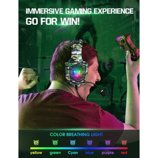 Gaming-hodesett med mikrofon for PS4 PS5 Xbox-PC med RGB-lys, PlayStation-hodesett med støyreduksjon 7.1 Surround Sound Over-Ear og kablet 3,5 mm-kontakt Camouflage green (ZXK90104)