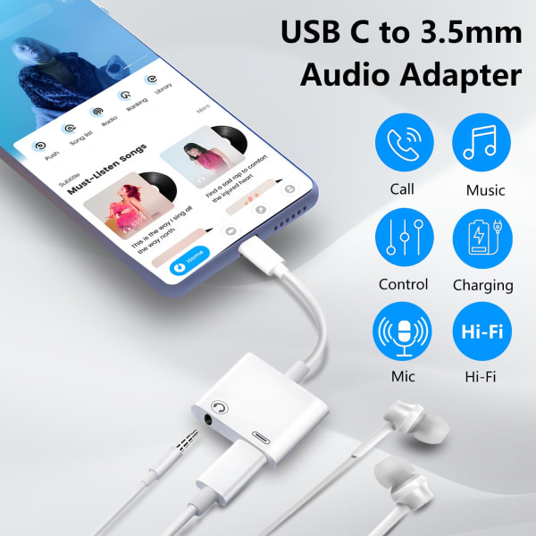 USB C - 3,5 mm:n kuulokeliitäntä- ja laturiadapteri, 2 kpl, 2-in-1 USB C - Aux-liitäntäkaapeli PD-pikalatauksella