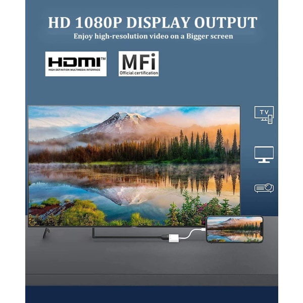 Apple Lightning - HDMI-sovitin - 1080P video- ja äänisynkronointimuunnin iPhonelle, iPadille HDTV:ksi, projektori
