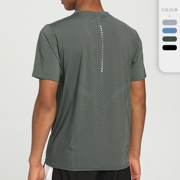 Nylon snabbtorkande T-shirt herr fitness löpning lös rund hals sommar is silke träningskläder botten sport kortärmad herr Army green XL