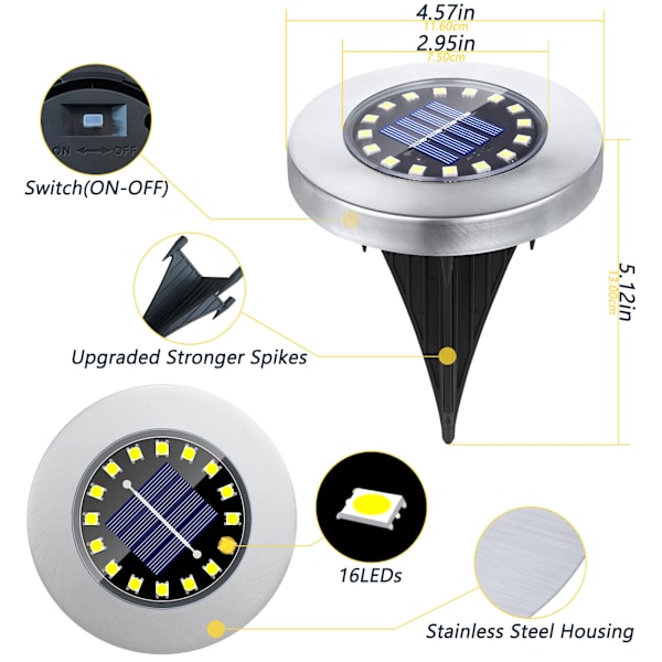 12 stk vandtætte solcellejordlys - opgraderet 16LED lyse udendørs havelys til stien, gården, græsplænen, terrassen, gangbroen - Solar Disk Lights Warm Light 12 Pack