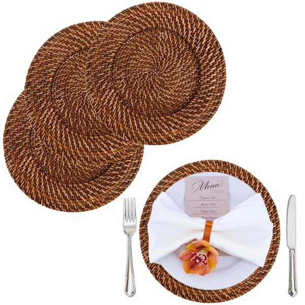 Sæt med 4 rustikke rattan opladerplader - 13 tommer rundvævede opladere til bryllup, festindretning - Elegant tilbehør til middagsbord i brun White 1pcs