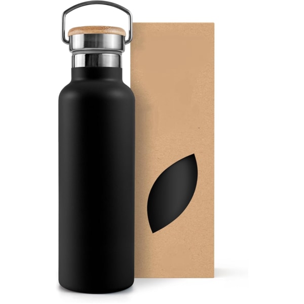 25 oz isolert vannflaske i rustfritt stål: svart med håndtak, termosmetallkolbe, stor 1L kapasitet