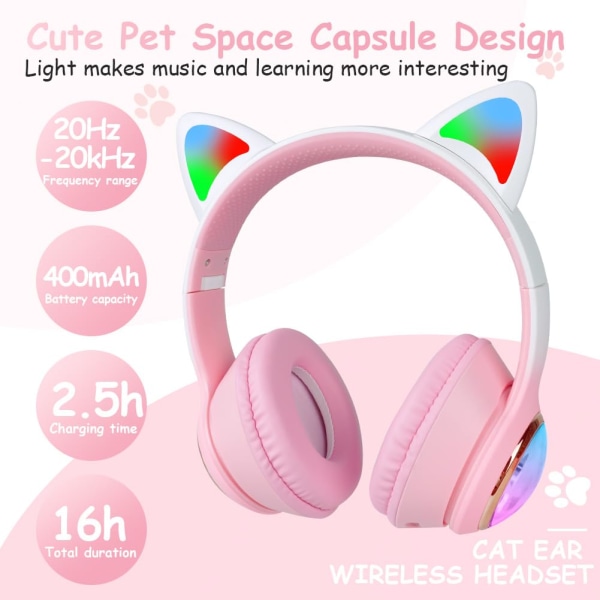Få grooving med LED Bluetooth barnhörlurar - Upplysta Cat Ear Trådlösa hörlurar - Kompatibel med Bluetooth 5.3 Stereo Purple