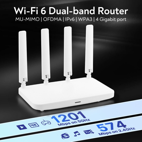 Kaksitaajuinen Wi-Fi-reititin 2.4G/5Ghz AX1800 Wifi 6 Internet-reititin, 4 ulkoista antennia musiikin suoratoistoon, valokuvien lataamiseen EU Plug