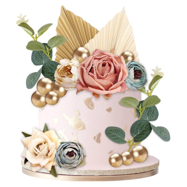 Bohemian Theme Palm Leaf Paper Fan Rose Flower Simulation Flower Birthday Party Cake DIY Decoration Props