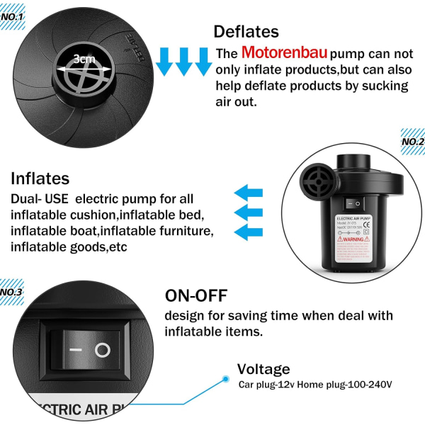 Elektrisk luftpump för gummibåtar, bärbar snabbfyllningsluftpump med 3 munstycken, uppblåsnings- och deflatorpumpar för utomhuscamping, luftmadrasser, båtar US Plug