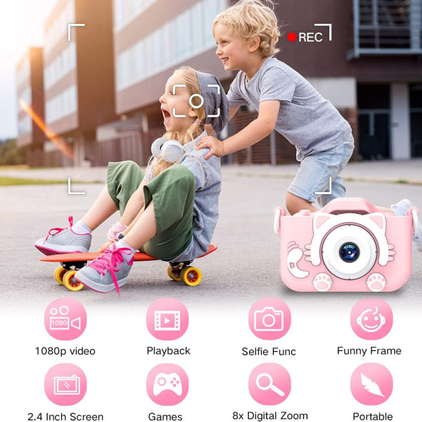 Digital videokamera för barn med tecknat cover | Perfekt jul-/födelsedagspresent för 3-8-åriga pojkar cat blue 64G