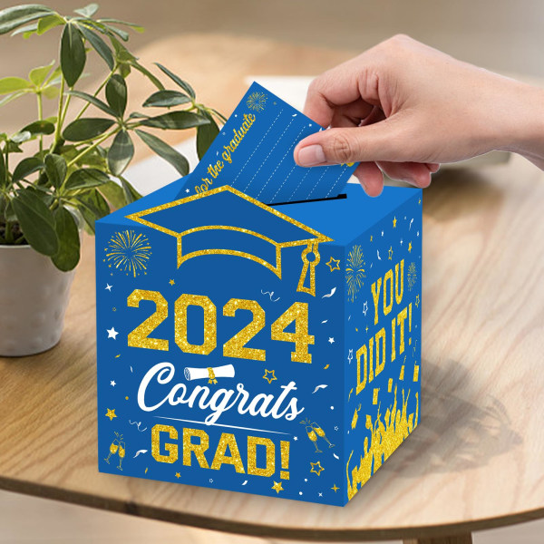 2024 examenskortlåda med 30 kort Klass av examensfestdekorationer Önskekortslåda Grattis Grad Cardholder Favors Supplies Blue