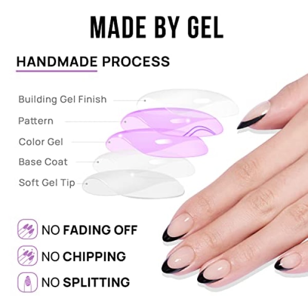 Kort stil, Nyårspresent med nagellim, perfekt passande och naturliga återanvändbara nagelklistermärken, finns i 10 storlekar-24 delar Fake Nail Kit, Black French CDJ-4-48