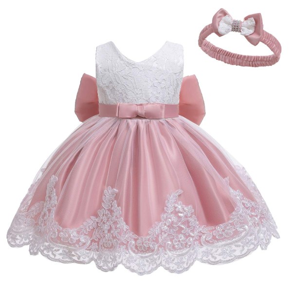 Baby Girl Blonde Broderikjole Sløyfe Festkjole Brudepike Brudekjole Med Tiara pink 90cm