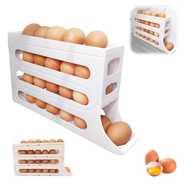 4 etagers ægholder til køleskab, automatisk rullende køleskab æggearrangør, 30 æg dispenser køleskab, pladsbesparende æg dispenser holder White
