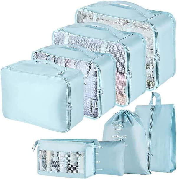 Supererbjudande till lågt pris! 8-pack Organizer Set för Resväskor, Förvaringsväskor, Packningskuber, Resepåsar, Presenter - Glad Blue