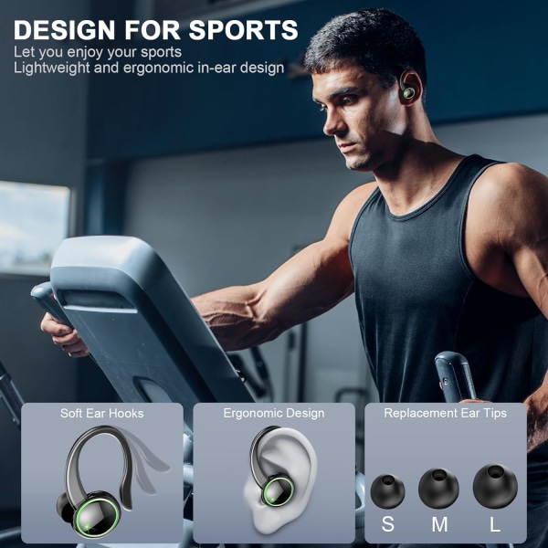 Trådlösa Bluetooth 5.3-hörlurar - Förbättrad bas Stereo Over Ear-hörlurar - Brusreducering med mikrofon och öronkrokar - 48H uppspelning - Dubbel LED-skärm