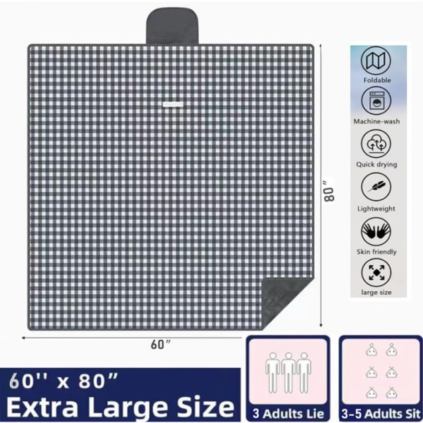 Stort vandtæt picnictæppe: 80''x60'' foldbart 3-lags design, sandtæt plaidmåtte til strandcamping black and white plaid 80x60 in