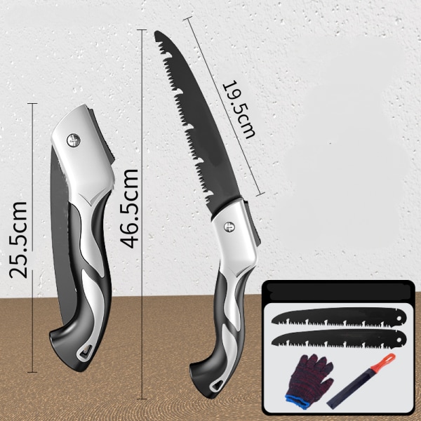 Taitettava set sisältää 2 sahanterää ja käsineet, taitettava oksasaha, teräksinen taitettava käsisaha SK5 S