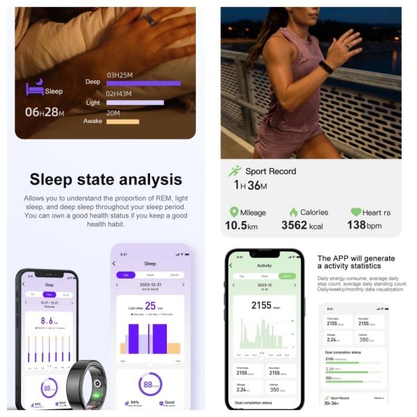 Smart Ring för män, Fitness Tracker för kvinnor - Sömnspårning Bärbar - Puls - Blodsyre - IP68 Vattentät, kompatibel med Android och iOS C10