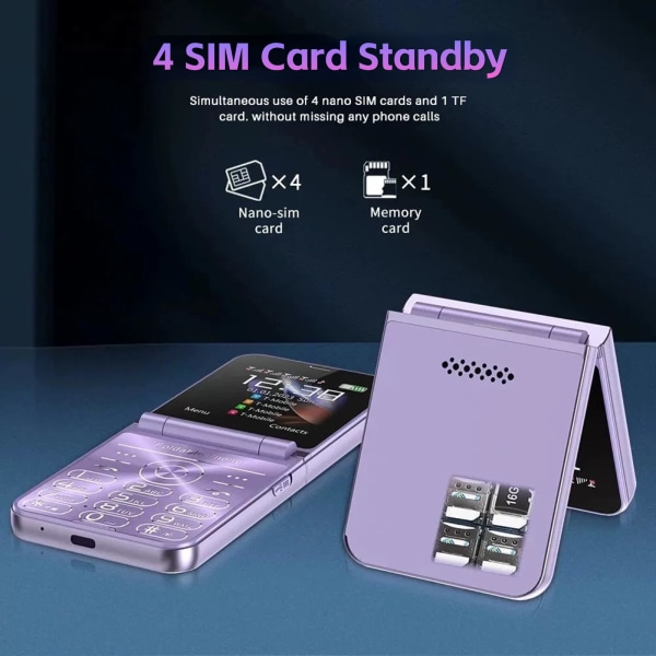 Foldbar mobiltelefon med fire SIM 2,6'' skærm Automatisk start Magic Voice Expense Purple