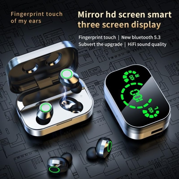 Ørepropper, Bluetooth 5.3-ørehodetelefoner innebygd mikrofon, HiFi-stereolyd, LCD-laderetui, berøringskontrolløretelefoner