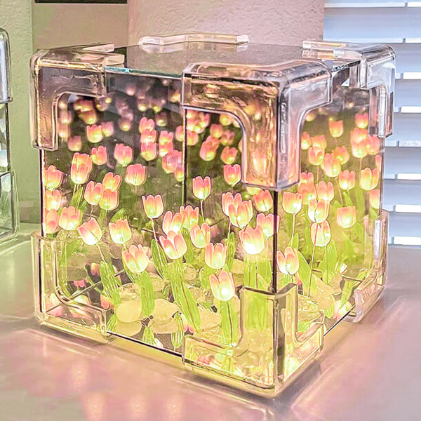 DIY Tulipan Cube Spejllampe, Infinity Spejl Blomsterlampe, Ammelampe, Dæmpbar Tulipan Natlampe, Blomster LED Natlamper Purple