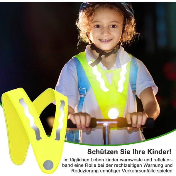 Självlysande säkerhetsväst för barn med 4 reflekterande band - hög synlighet gul V-formad väst för löpning, cykling och nattsäkerhet