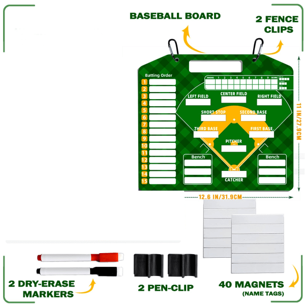 Baseball Lineup Board med magneter - Dugout Urklipp för tränare, Softball Lineup Cards & Marker Board