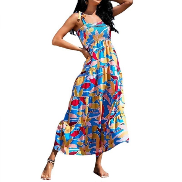 Kvinnors sommarbohemiska spaghettiremmar Fyrkantig hals Plisserad Casual flytande lång kjol Strandgunga Party Maxiklänning Color XL