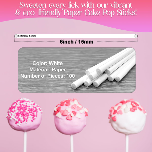 100-paknings hvite 6-tommers papirkake-popp-pinner - Perfekt for Cake Pops, Lollipops, Cookies, Chocolate, Rainbow Candy