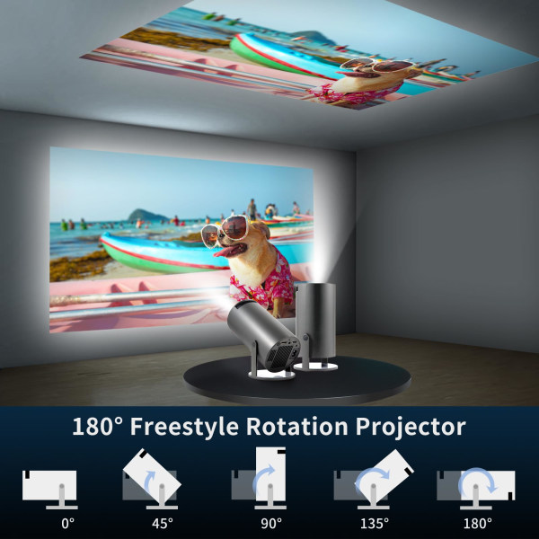 Mini Bärbar projektor, HY300 4K-projektor med Auto Keystone, 2.4/5G WiFi Bluetooth 5.0 260ANSI Android 11.0, 130 tums skärm, 180 graders rotation White