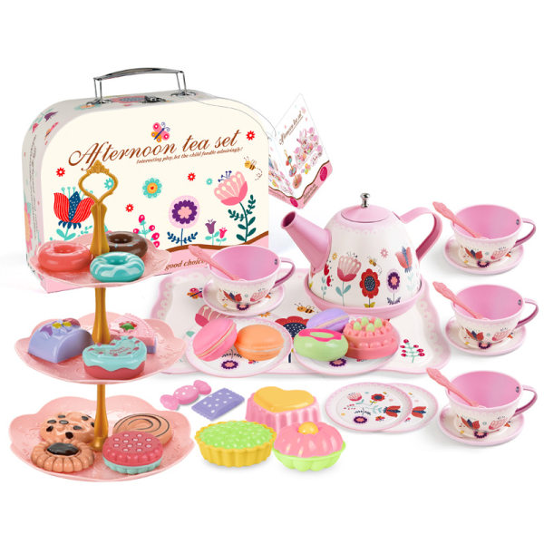 Små piger teselskab sæt, prinsesse eftermiddagste legetøj inklusive te sæt dessert bæretaske, børne køkken legesæt B