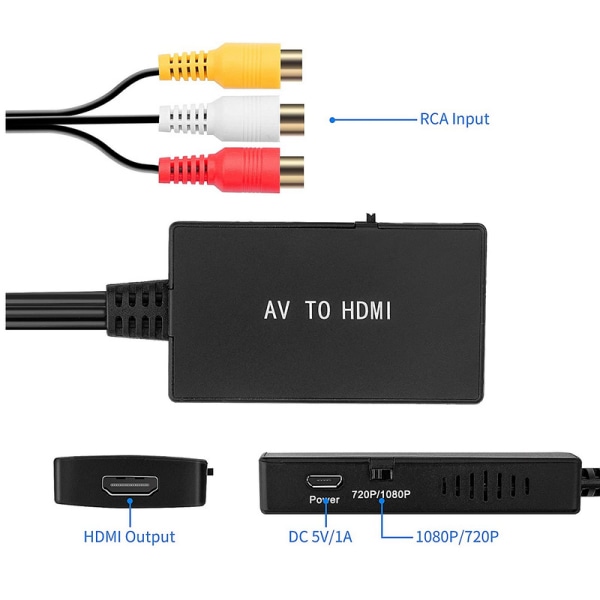 Högupplöst AV till HDMI-omvandlare: RCA till HDMI-adapter med pluggkontakt