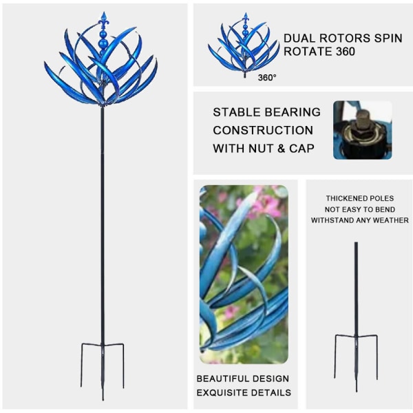 Harlow Wind Spinner Rotator, ainutlaatuinen Wind Spinner -metalliveistos ja pylväspuutarhan nurmikon puutarhan sisustuslahja Blue