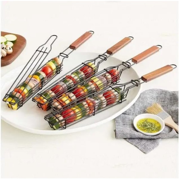 Kebab grillkurv og grillspyd rustfritt stål - Kabob grillkurver sett med 4. Kabob kurv for grønnsaker, Jumbo reker - Grillkurver Brown 4pcs