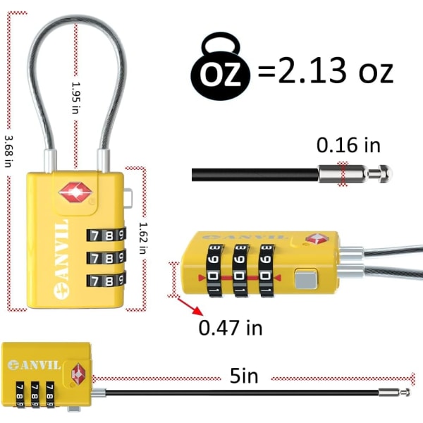 TSA-godkända kabelbagagelås - 3-siffrigt kombinationshänglås med zinklegeringsstålkabel - perfekt för resor yellow