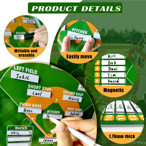 Baseball Lineup Board med magneter - Dugout Urklipp för tränare, Softball Lineup Cards & Marker Board