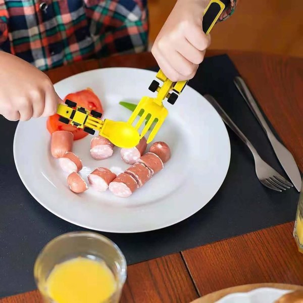 Set för toddler med konstruktionstema - redskap, tallrikar, gafflar och skedar - perfekt för barns måltidsnöje och lärande